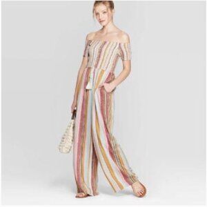 Pastel Stripe Off Shoulder Smocked Jumpsuit Women's - M